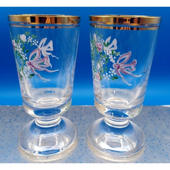 2 Antique Moser Enameled Pedestal Glasses Gold Rim Purple Floral Swags Design - Picture 7 of 16